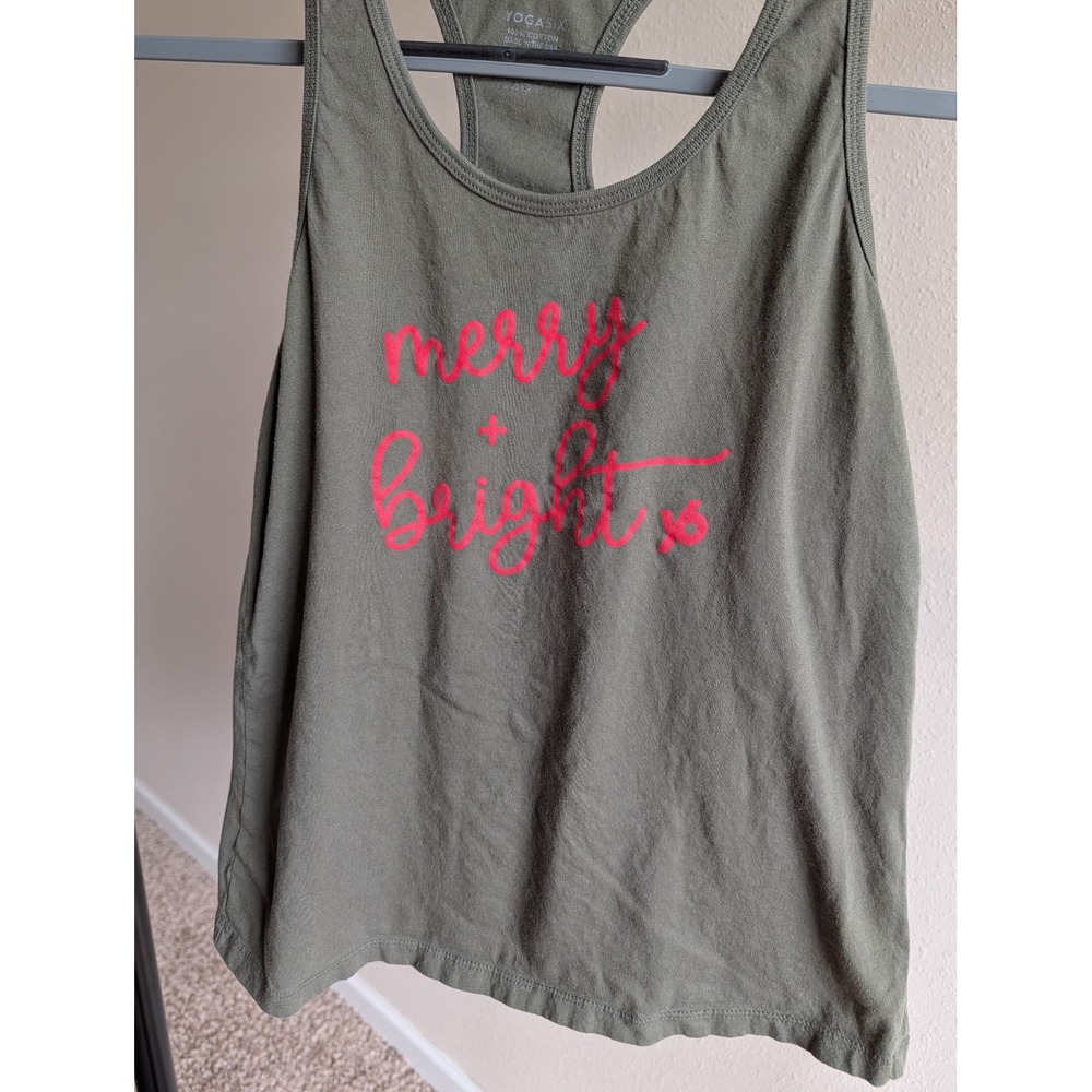 YogaSix Women Olive Green Merry Bright Graphic Racerback Tank Top Size M